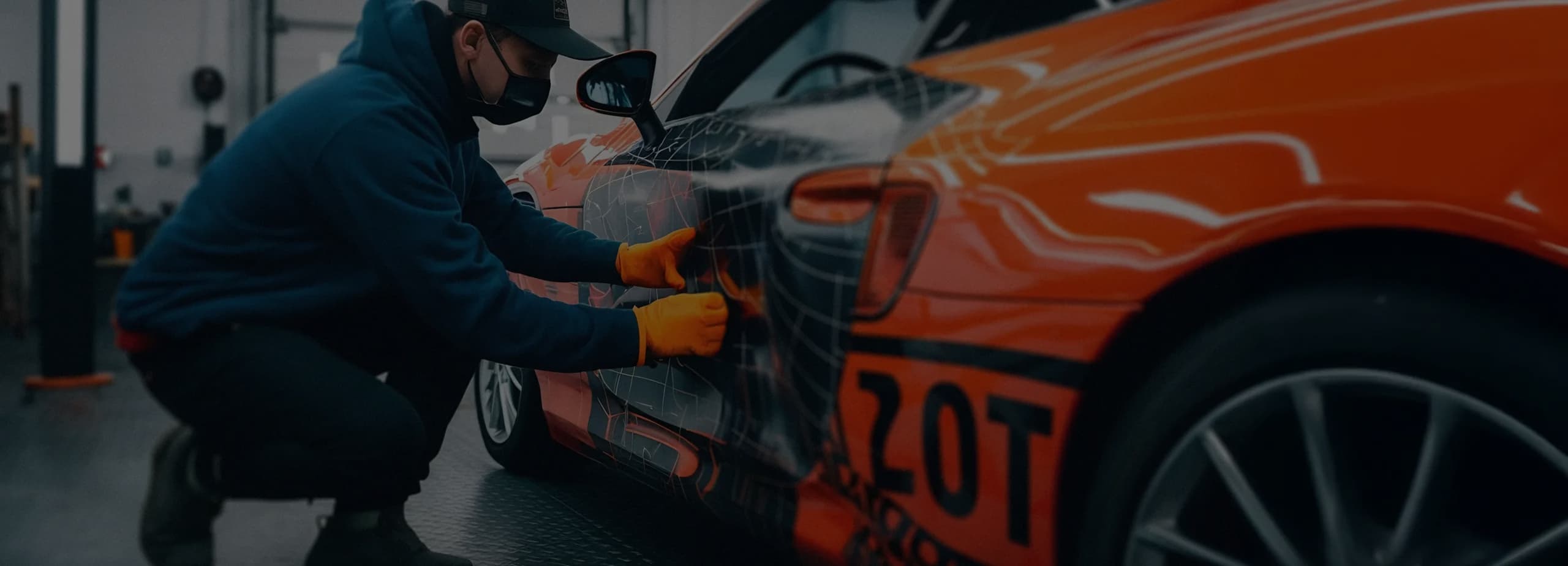 Professional applying wrap to orange sports car